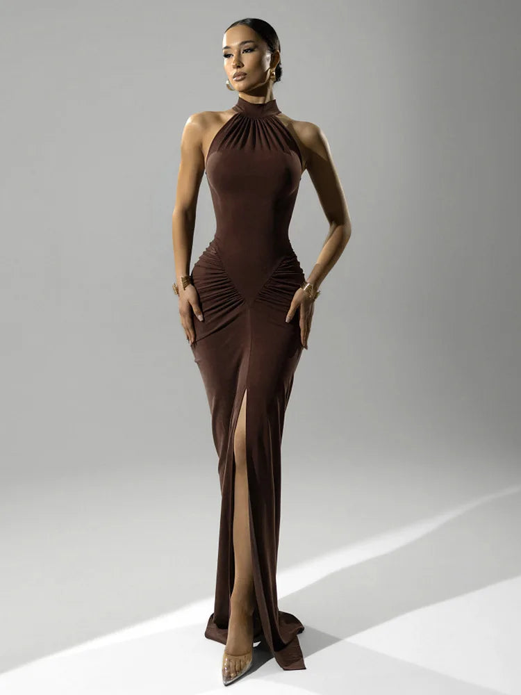 Mozision Halter Ruched Sleeveless Sexy Maxi Dress Women Gown Fashion Slim High Waist Evening Club Party Split Long Dress - Smarsty