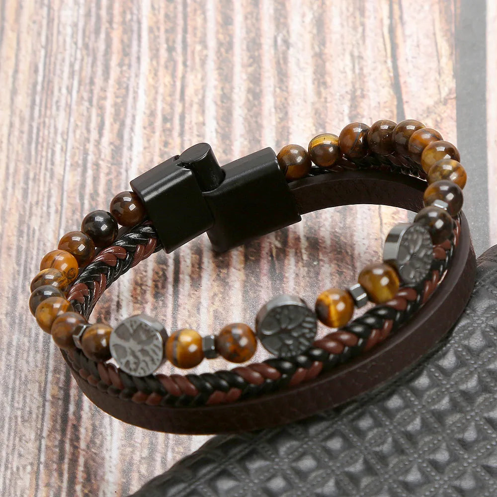 Men Leather Bracelet with Tiger Eye Beads Stylish Gift - Smarsty
