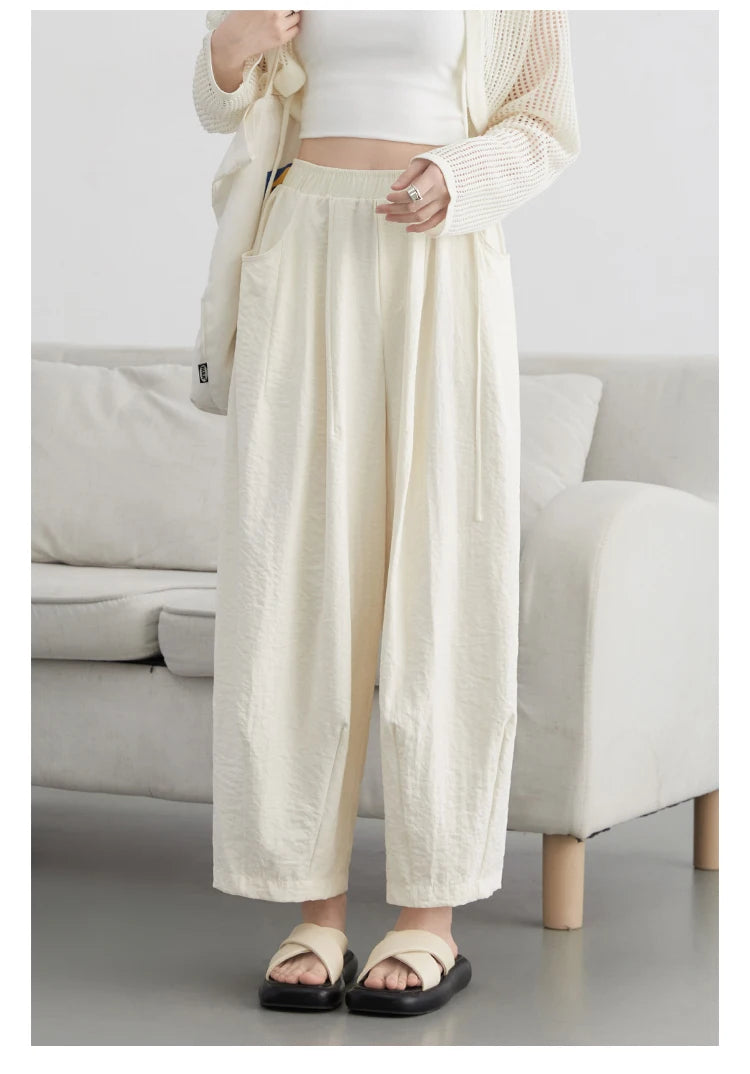 CHIC VEN Women White Pants Solid Casual Elastic Waist High Waisted Pleated Wide Leg Female Trousers Fold Summer 2025 Clothing - Smarsty