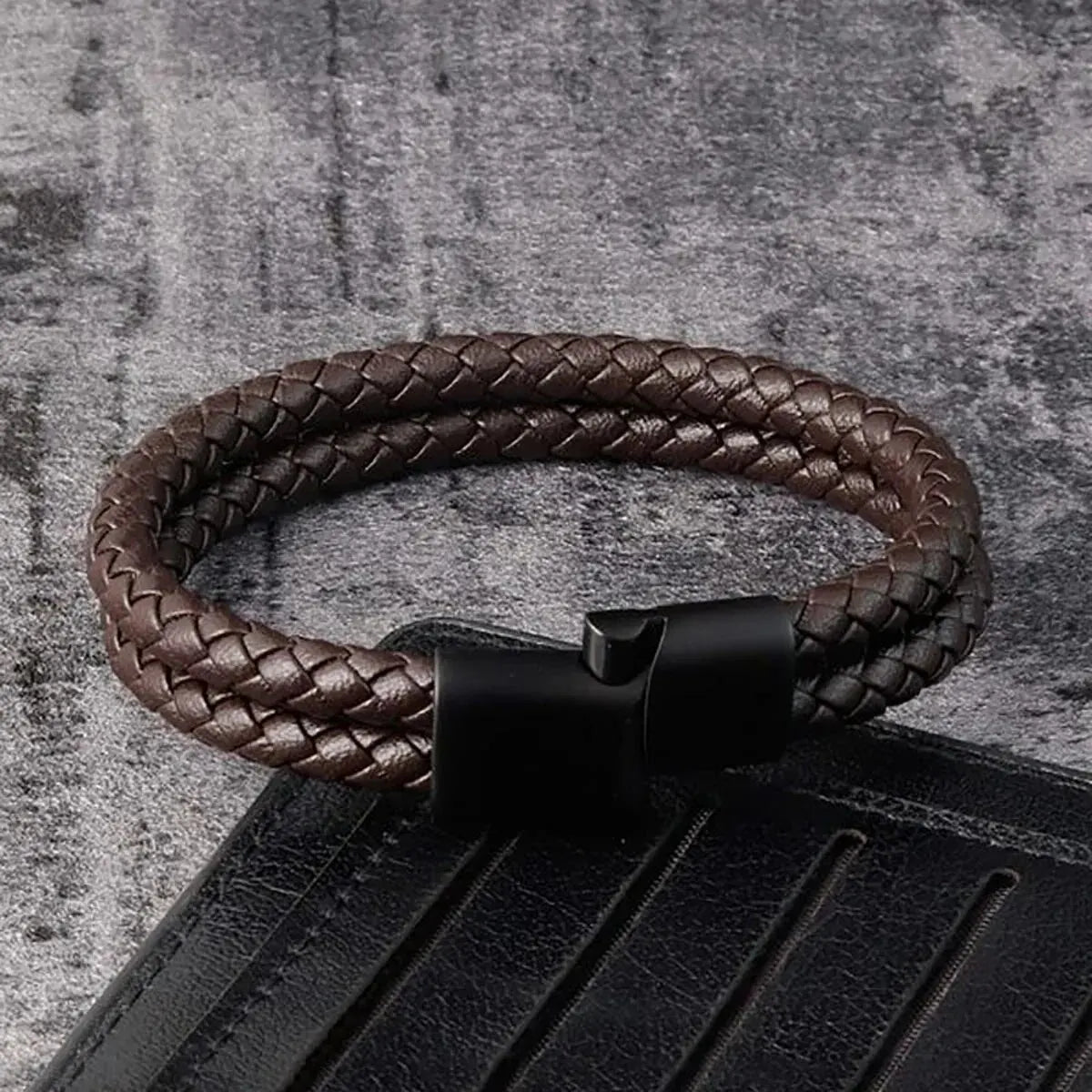 Mens Braided Leather Bracelet Double Band Bangle - Smarsty