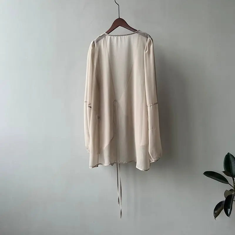 Shirts Women V-neck Loose Long Sleeve Open Stitch Korean Style Lace-up Simple Solid Summer Chiffon Breathable Minimalist Stylish - Smarsty