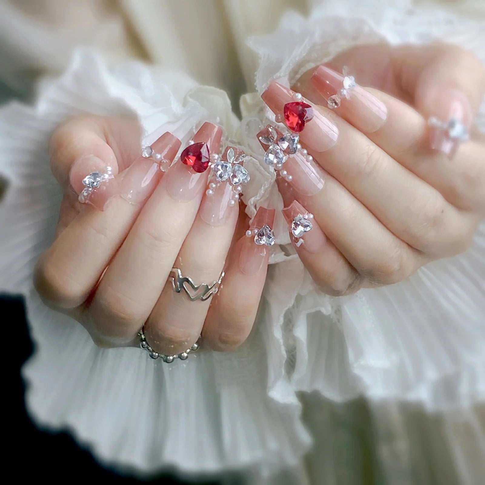 24pcs Pink Crystal Bow Press On Nails for Girls - Smarsty