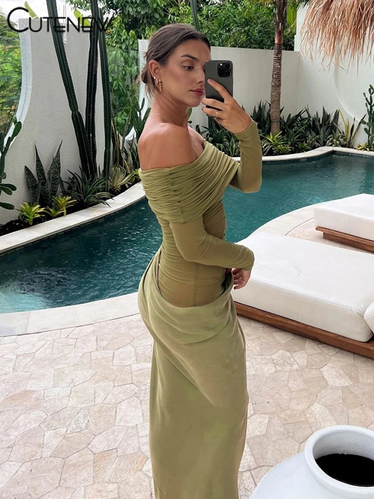 Cutenew Mesh Ruched Women Maxi Dress Sexy See Through Off Shoulder Long Sleeve Sheath Vestidos Female Midnight Party Solid Robe - Smarsty
