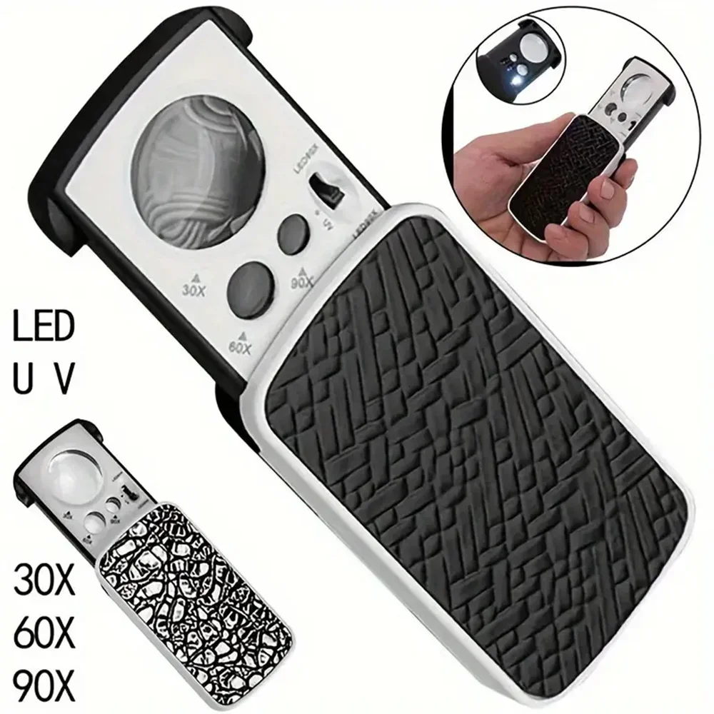 Portable Triplex Magnification Loupe 30X-90X-Slide-Out LED/UV Lighted Jewelry Magnifier for Precision Gemology & Micro-Engraving - Smarsty