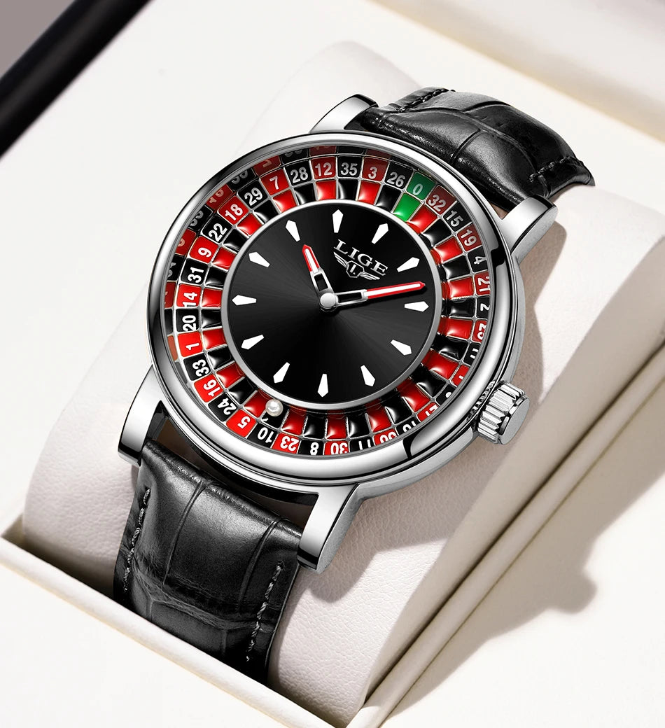 LIGE Waterproof Brown Leather Men's Roulette Watch - Smarsty