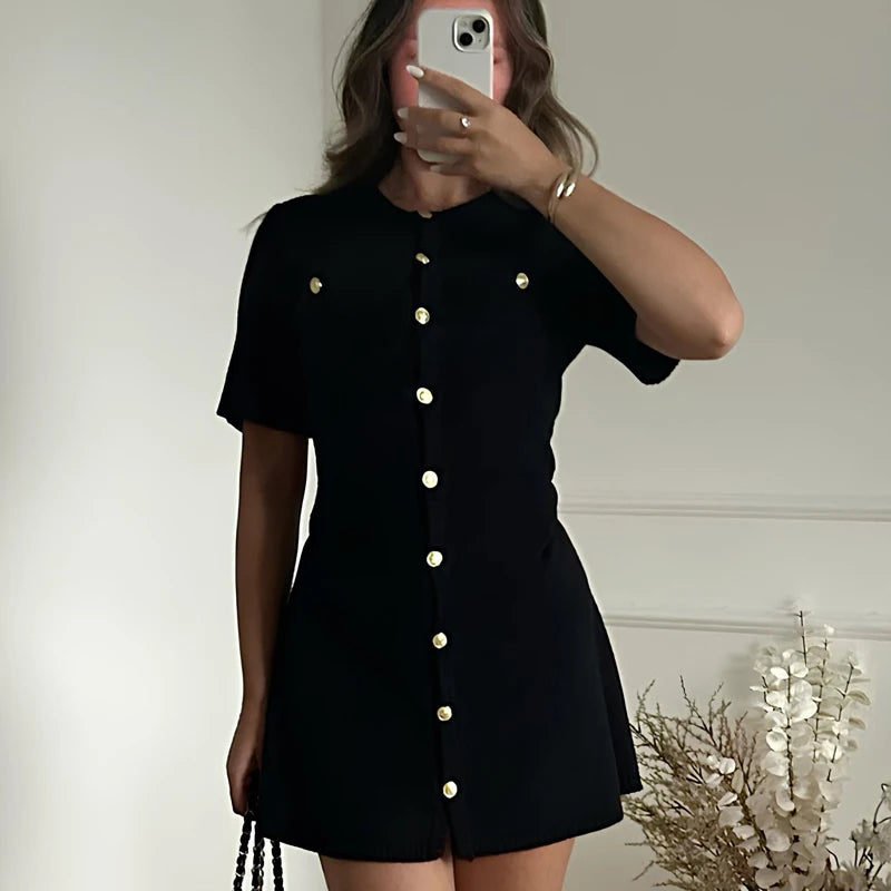 White Elegant Knitted Mini Dress For Women Metal Button Sexy Slim Rib Sweater Dress Holiday Party Outfits Autumn 2024 New - Smarsty