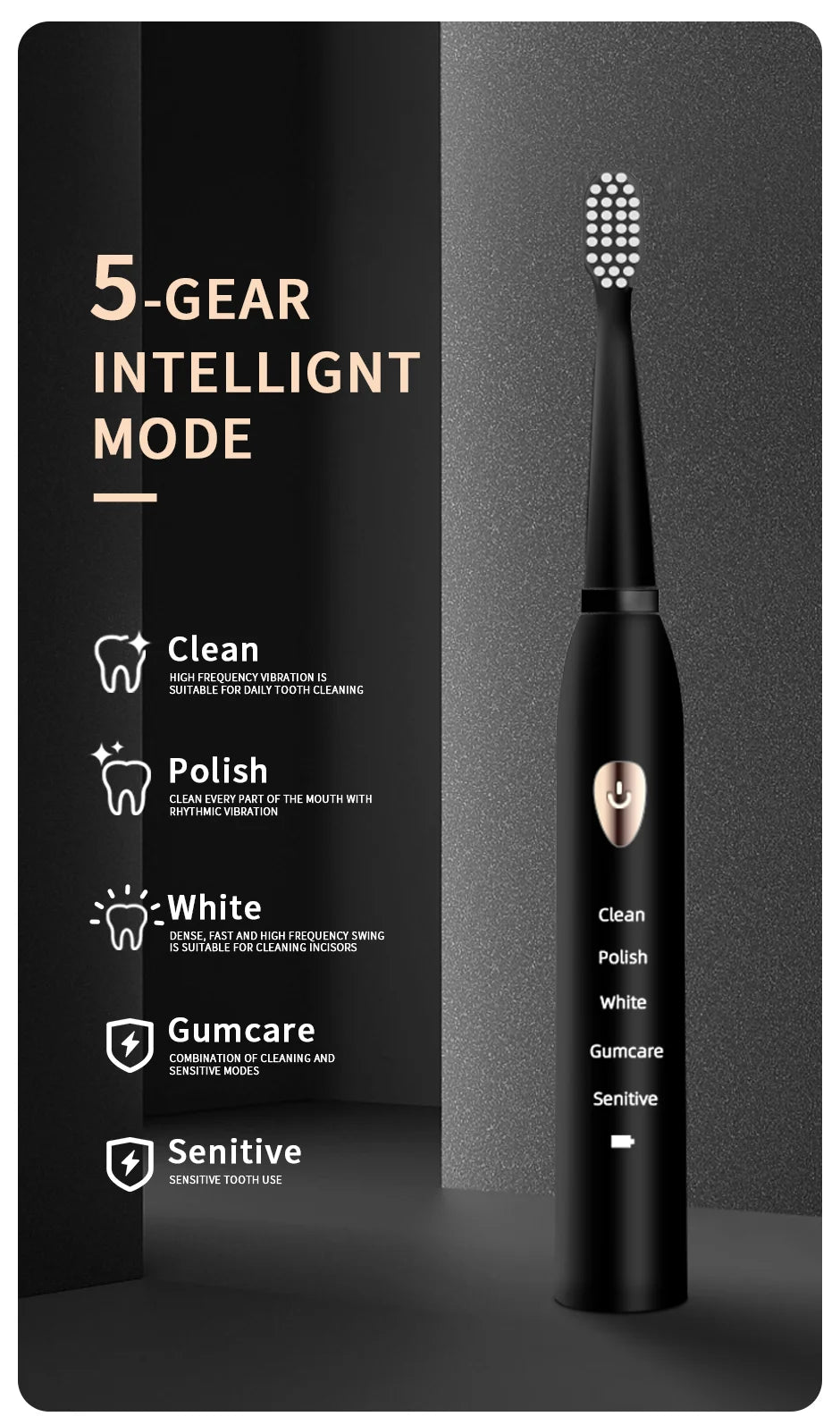 Jianpai Waterproof Acoustic Electric Toothbrush with 5 Gear Modes - Smarsty