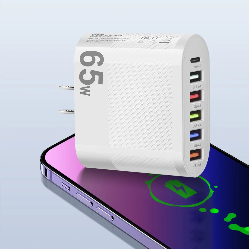 65W USB Charger Includes Six Ports Ultra Fast Type C - Smarsty