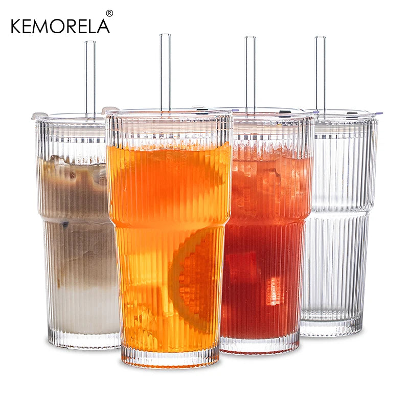 600ML Eco-Friendly Stripe Glass Coffee Cup with Lid - Smarsty