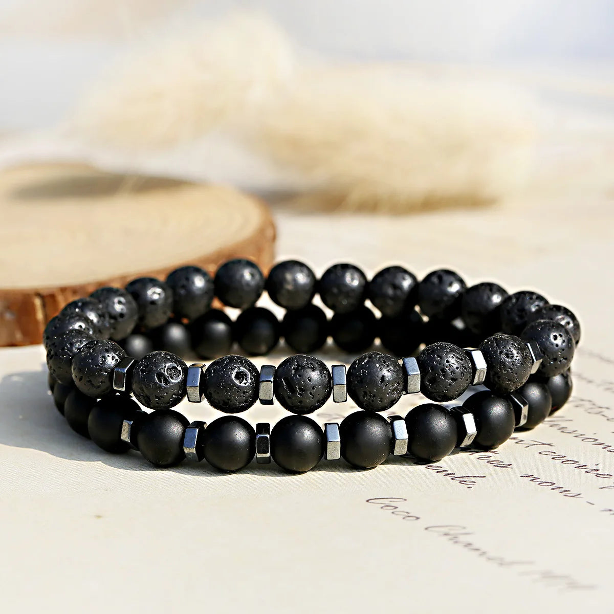 Frosted Black Volcanic Stone Men's Bracelet Set - Smarsty