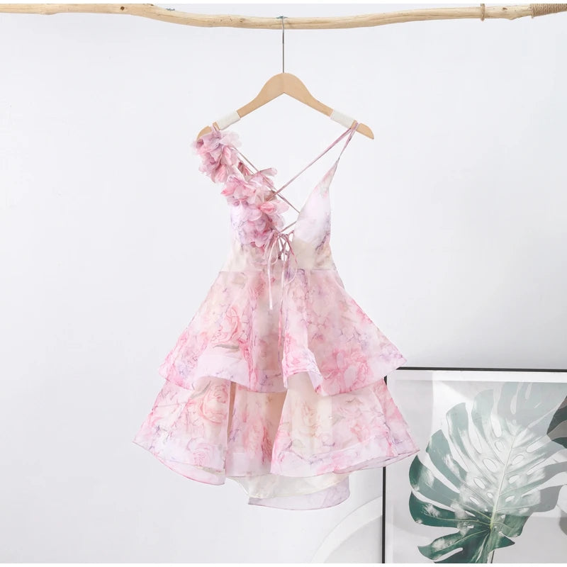 Backless Party Dress Women Elegant 3D Flower Print Sling Lace Up Ruffle A-line Mini Evening Dresses Female 2025 Summer Swimwears - Smarsty