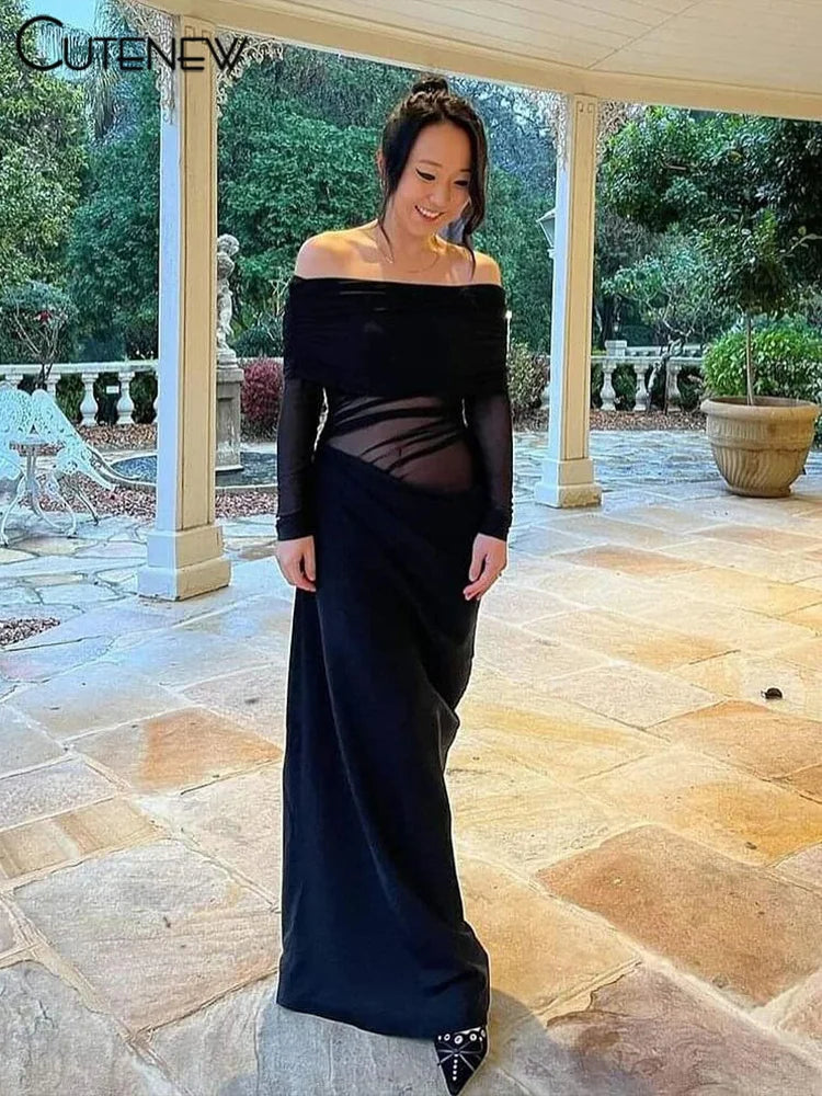 Cutenew Mesh Ruched Women Maxi Dress Sexy See Through Off Shoulder Long Sleeve Sheath Vestidos Female Midnight Party Solid Robe - Smarsty