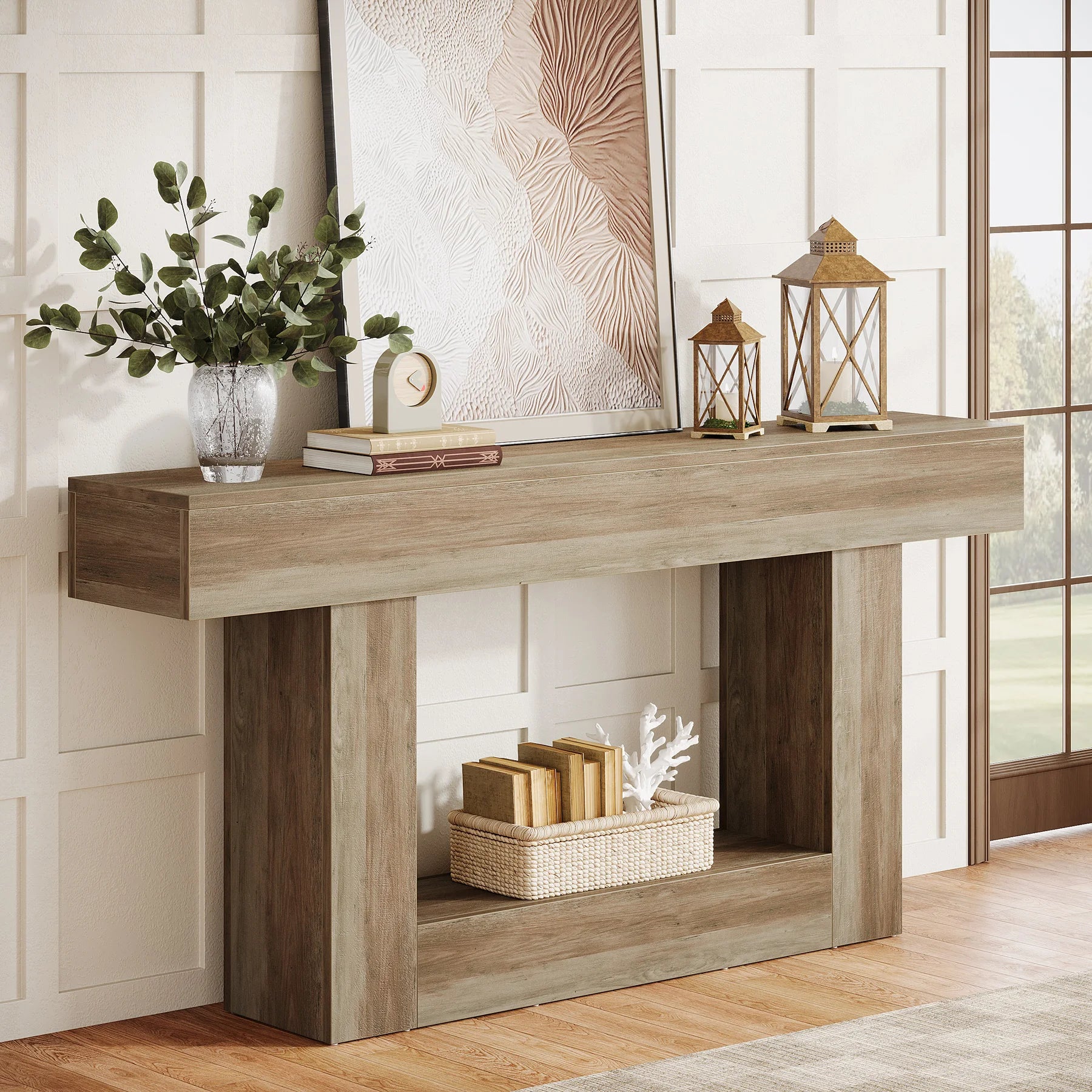 Tribesigns 63" Console Table, Farmhouse 2-Tier Entryway Table with U-Shaped Base, Narrow Long Wood Sofa Table Behind Couch Table