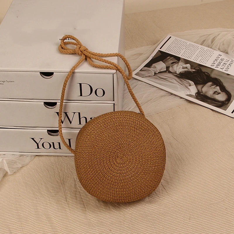 Round Straw Bag For Women Woven Handmade Shoulder Bag - Smarsty