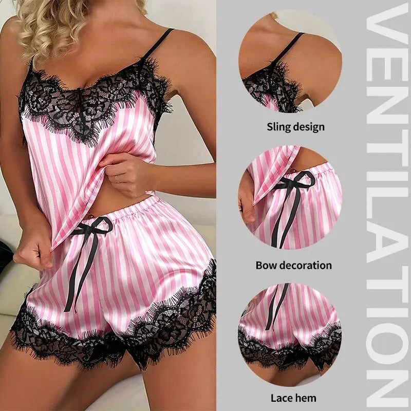 Two Piece Women's V-Neck Sexy Lace Suspender Pajama Shorts Set Casual Women's Sleeveless Sexy Pajama Set - Smarsty