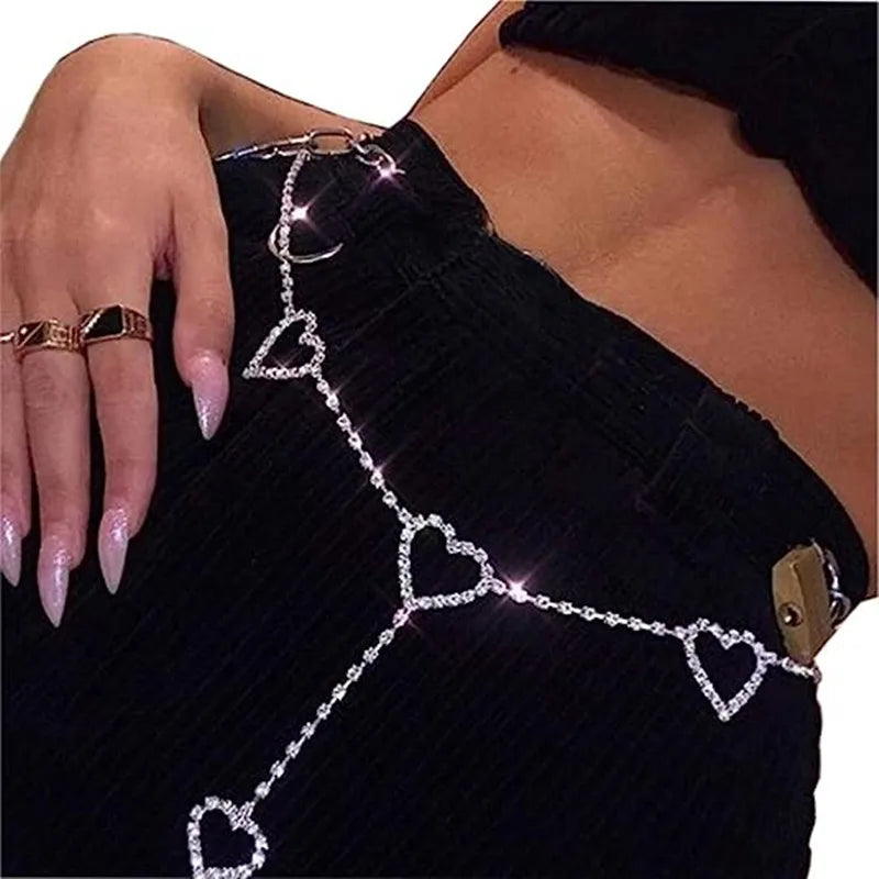 Rhinestone Body Chain Belt with Heart Pendant - Smarsty