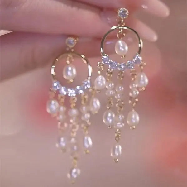 Korean Pearl Tassel Drop Earrings for Women with Zircon Detail - Smarsty