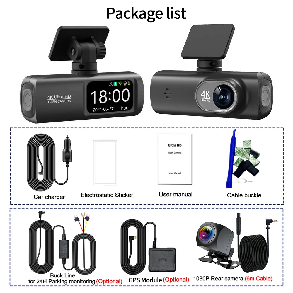 4K Dash Cam With WiFi Dual Lens GPS Parking Monitoring - Smarsty