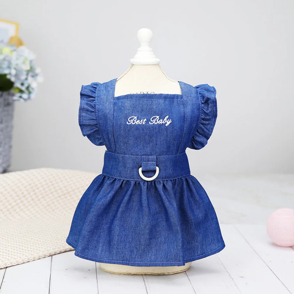 Cute Denim Dress for Small Dogs with Leash Ring - Smarsty