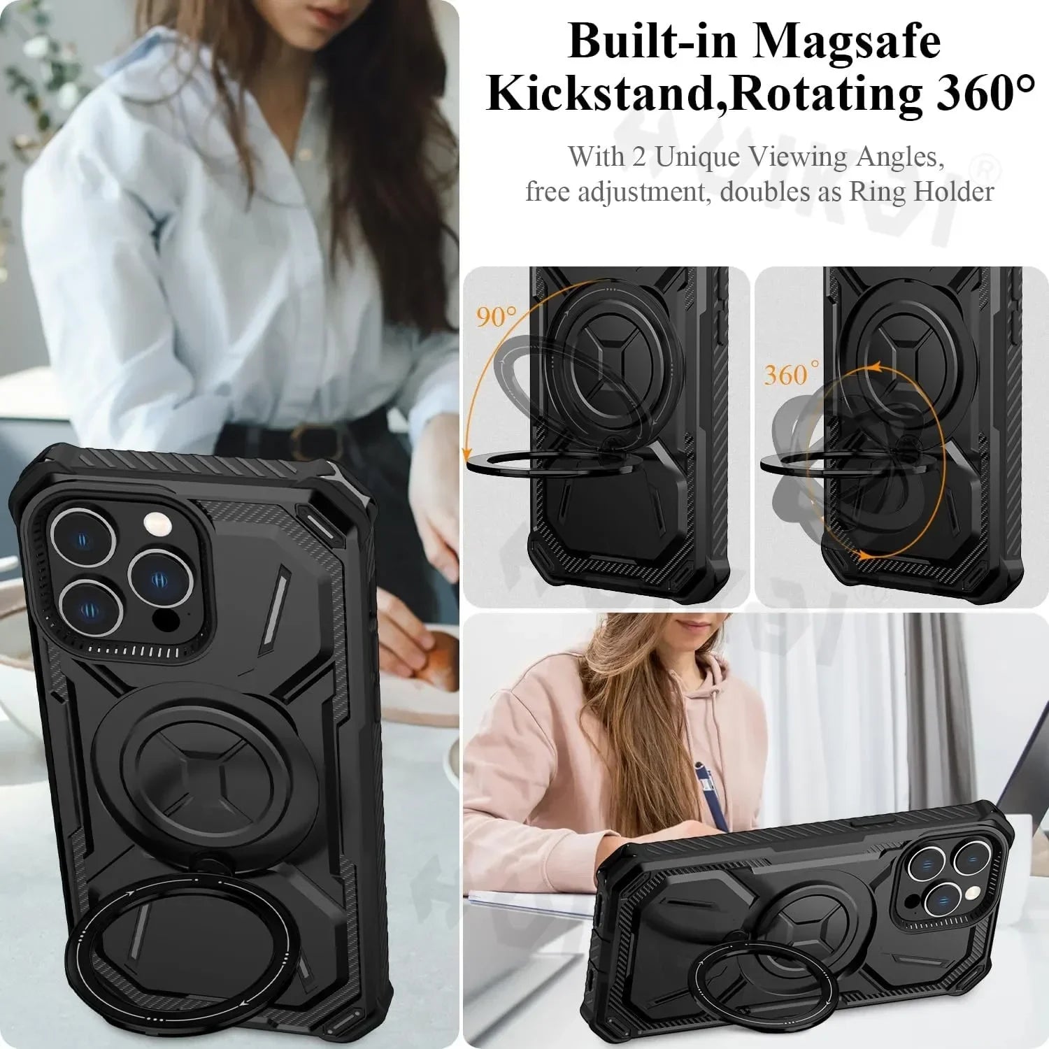 Case for iPhone 16 Pro Max 15 Plus 14 Pro 13 12 Magnetic MagSafe Heavy Duty Shock Absorption Body Protective Rotatable Kickstan