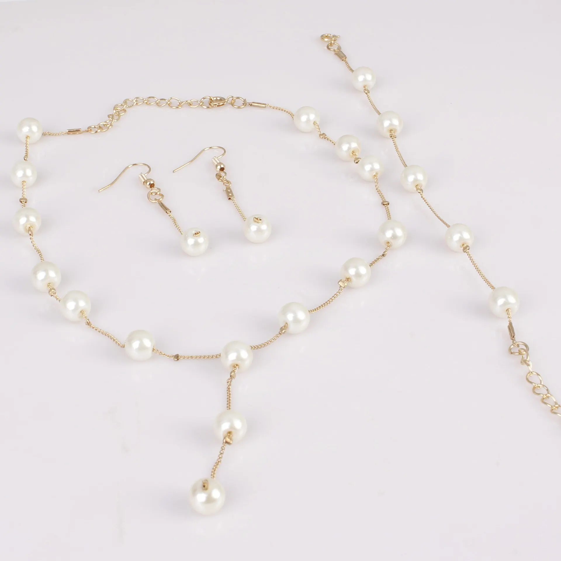 Gold Tone Necklace Earrings Bracelet Set With Tassel Pearls - Smarsty