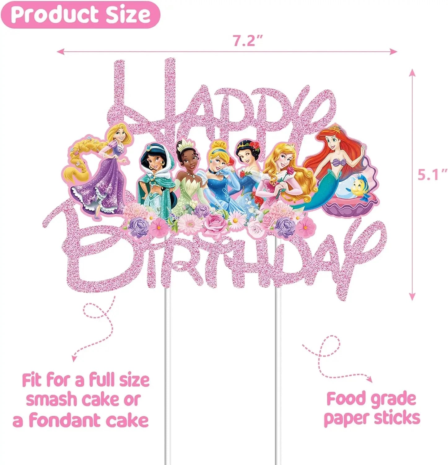 Disney Princess Cake Toppers Pink Glitter Birthday Decor - Smarsty