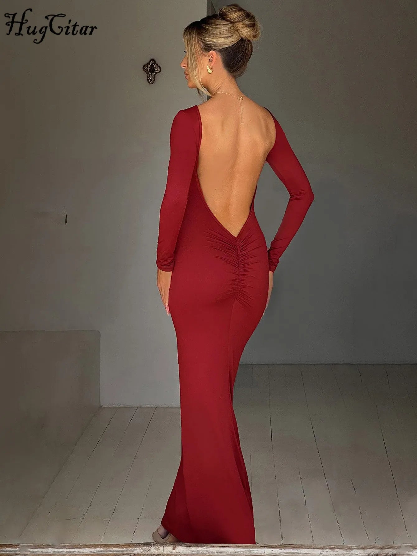 Hugcitar Spring Elegant Long Sleeve Backless Solid Cuched Sexy Bodycon Maxi Prom Dress Women Outfit Evening Party Festival Y2K - Smarsty