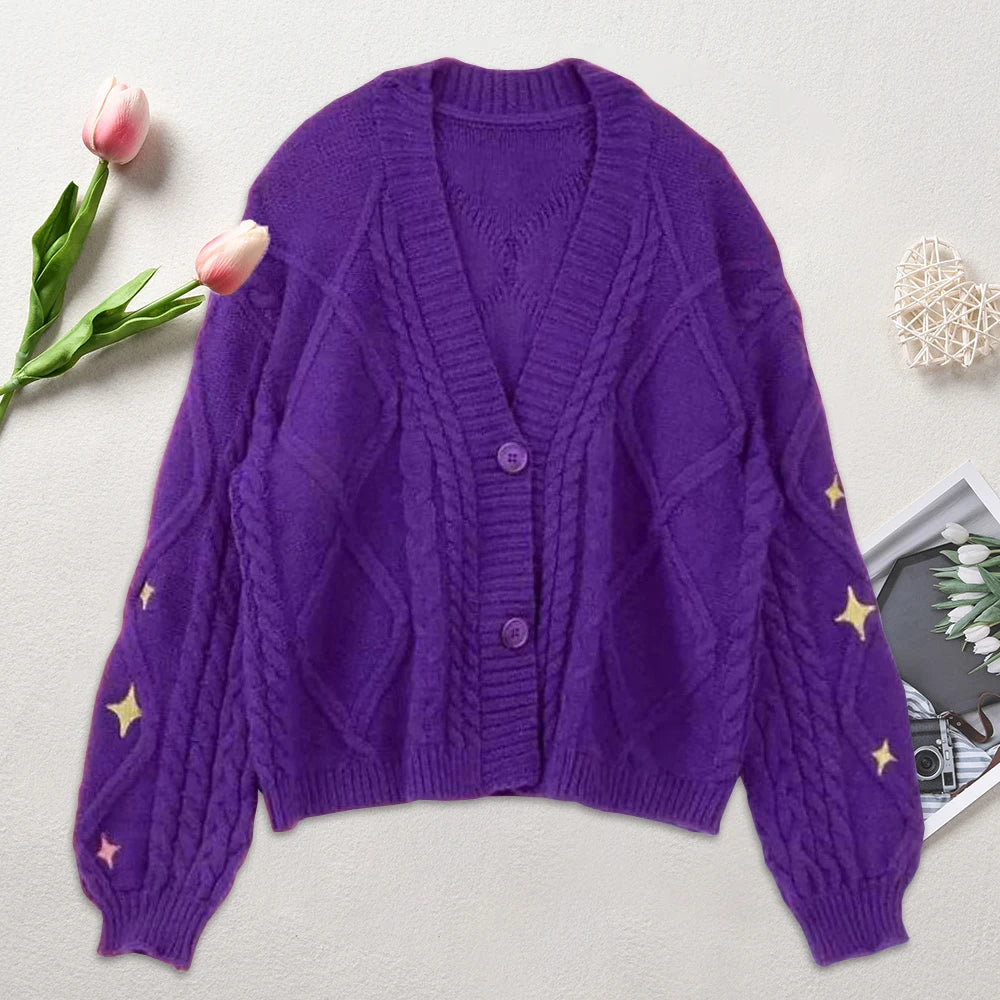 Women Winter Loose Knitted Cardigans Coat Star Embroidery Y2K Sweaters Streetwear Vintage Casual Single Breasted Long Sleeve Top - Smarsty
