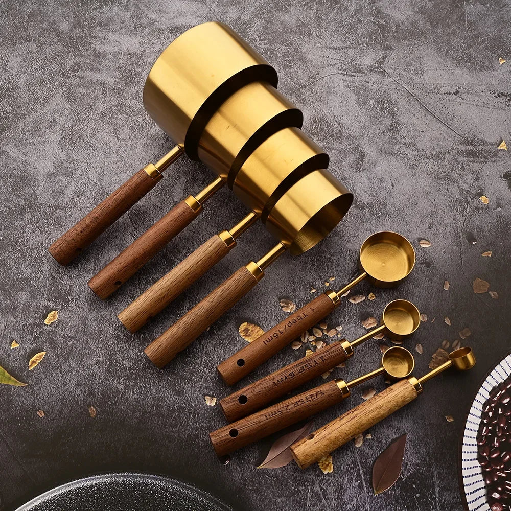 Gold Wooden Handle Stainless Steel Measuring Cups Set - Smarsty