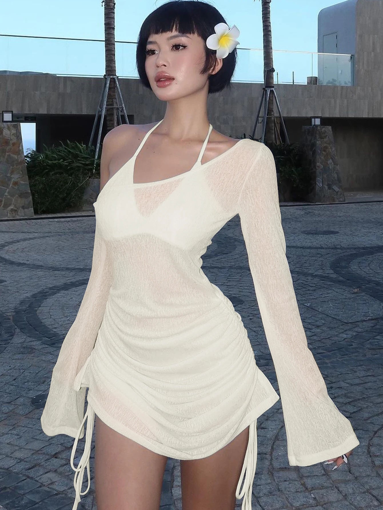 Dulzura Solid Skew Collar Ruched Straps Lace-Up See Through Draw String Mini Dress 2023 Summer Women Party Clubwear Wholesale - Smarsty