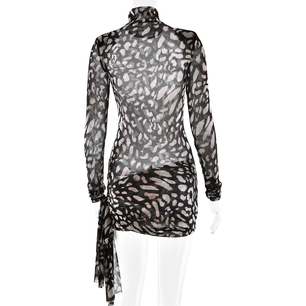 Fantoye Turtleneck Sexy Sheer Print Leopard Bandage Women Dress Long Sleeve Mini Dress Lady Spring Slim Elegant Party Club Dress - Smarsty
