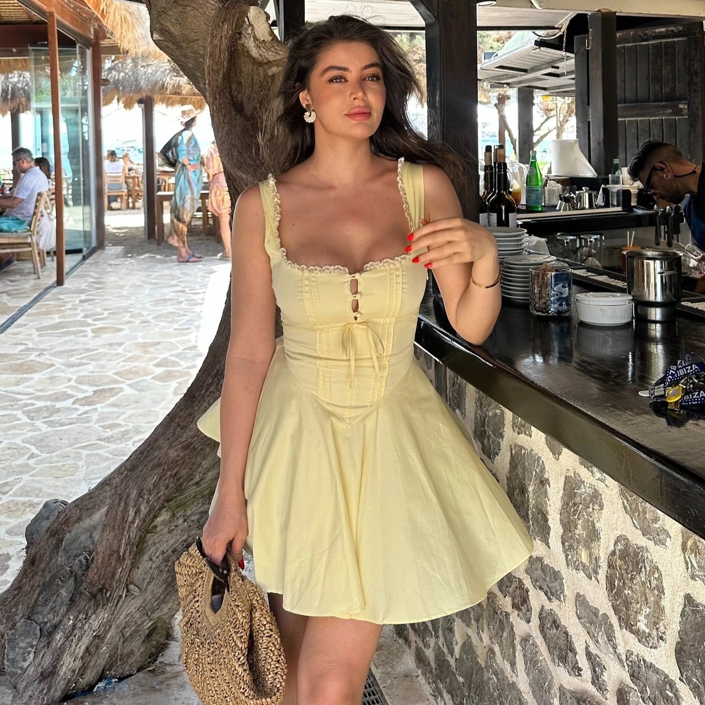 Mingmingxi 2024 Summer Lovely A Line Dress Yellow Sexy Party Dresses Hollow Out Lace Up Elegant Holiday Dress Women
