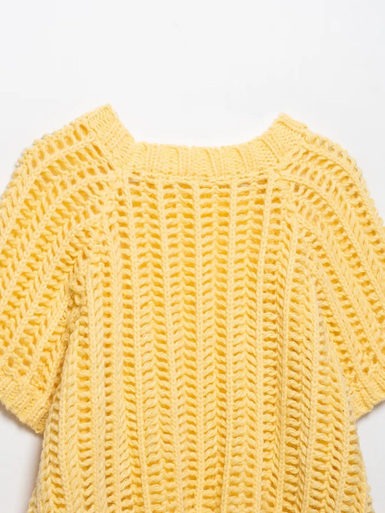 Hollow Out Knit Pullover Women Casual Round Neck Lace Up Bow Sweater Female Autumn Short Sleeves Solid Knitwears Lady - Smarsty