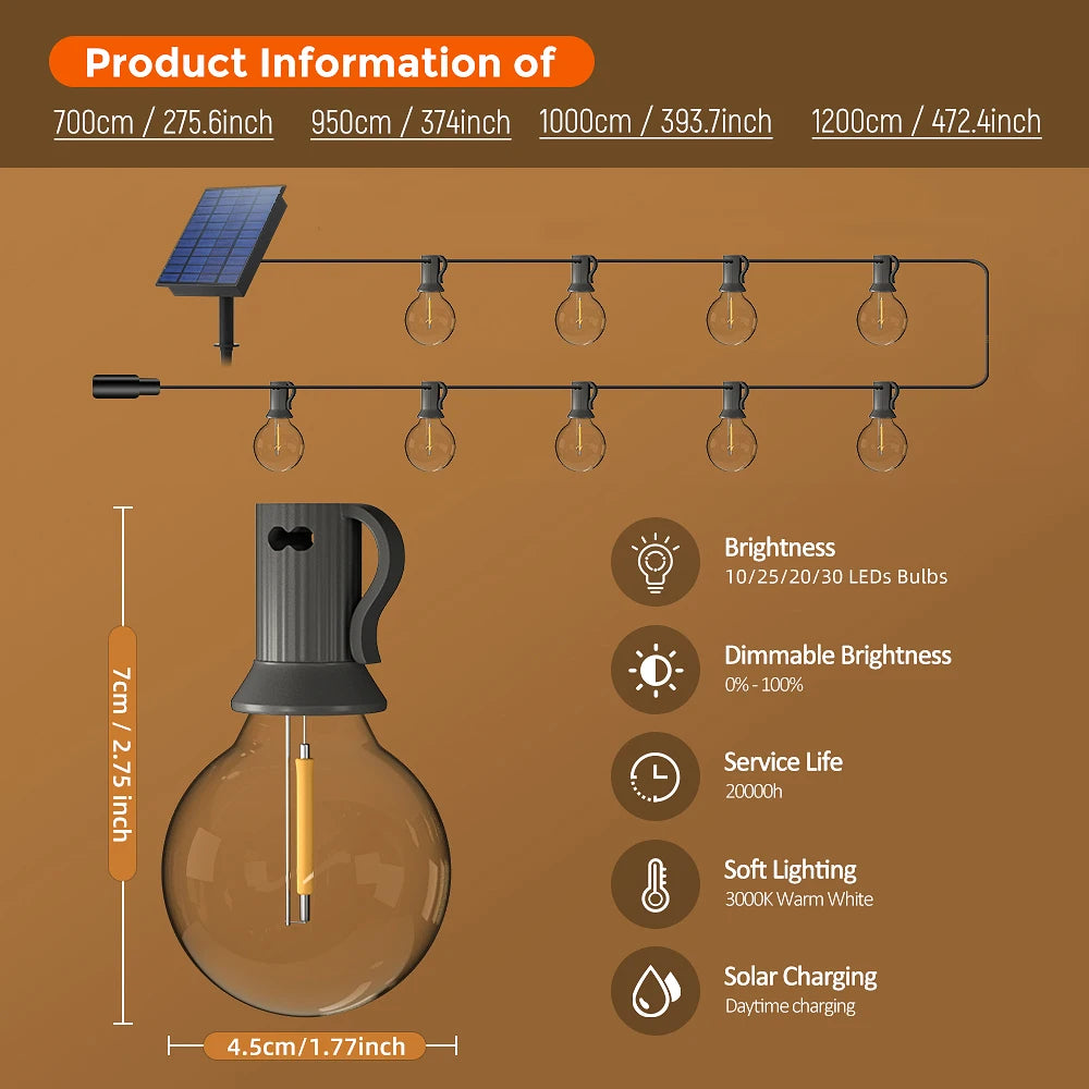 Mexllex 15.5M G40 Solar String Lights Outdoor with 8 Light Modes - Smarsty