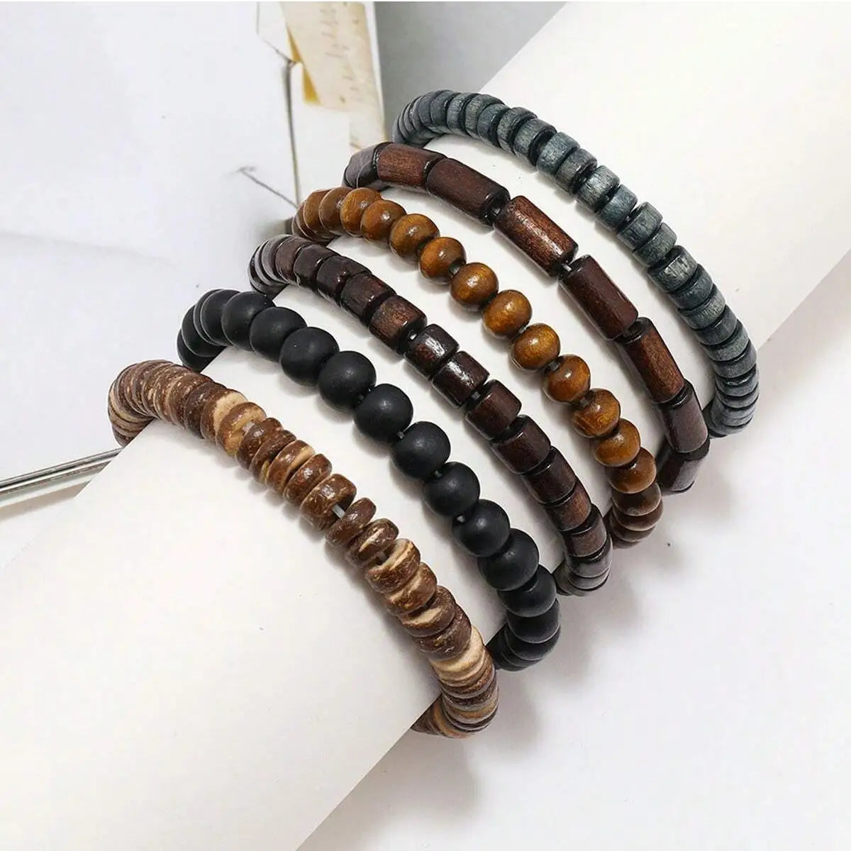 6PCS Wodeen Braided Wrap Leather Bracelet for Men Vintage Life Wood Beads Fashion Male Armband - Smarsty