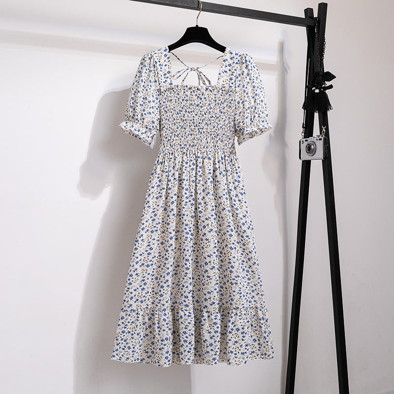 Summer Pleated Women Chiffon Dresses Casual Beach Holiday Short Sleeve Square Collar Woman Midi Dress Bohemian Mujer Vestidos - Smarsty