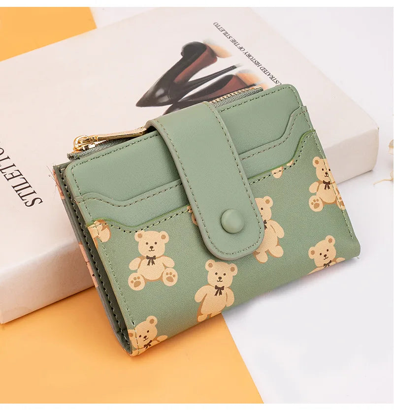 Women Short Wallets PU Leather Female Bifold Purses Cute Bear Card Holder Wallet for Girl Small Zipper Wallet with Coin Purse - Smarsty