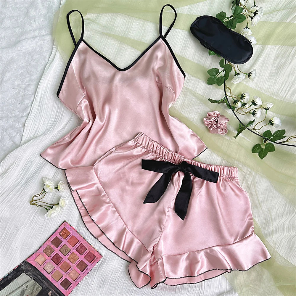 Women's Smooth Satin Pajamas V-Neck T-Shirt Ruffled Edges And Bow Shorts Simple And Breathable Pajama Set Sling Home Clothing - Smarsty