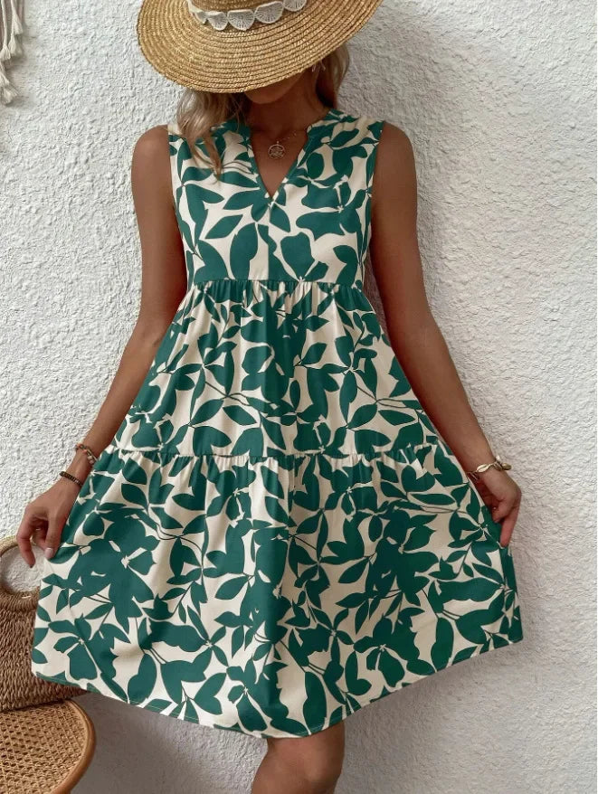 Women Boho Print Mini Dress Summer Elegant Sleeveless V Neck Ruffle A Line Tank Dress Casual Loose Oversize Beach Party Sundress - Smarsty