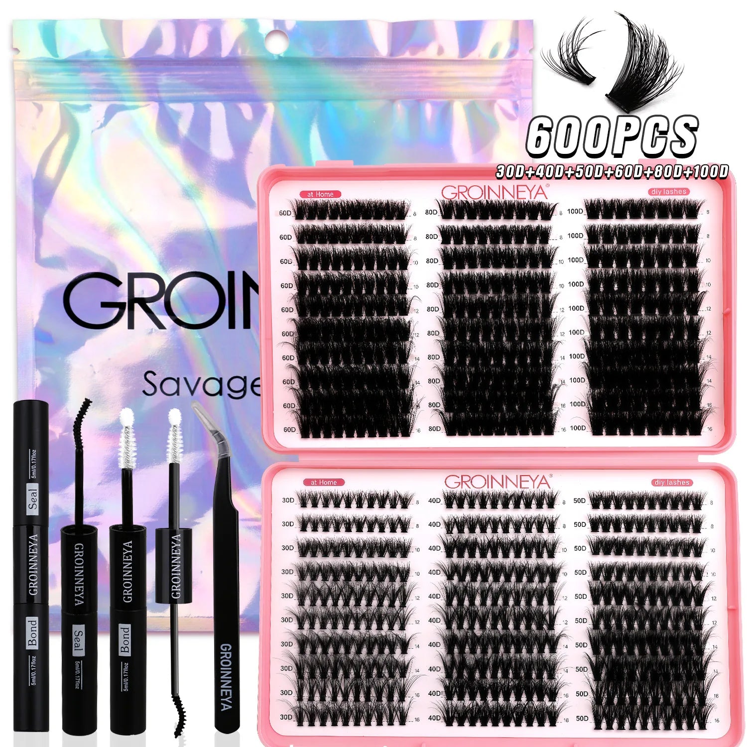 GROINNEYA DIY Lash Clusters Kit Mixed Tray Eyelash Extension Full Set Individual Lashes with Lash Bond&Seal and Tweezers Tool - Smarsty