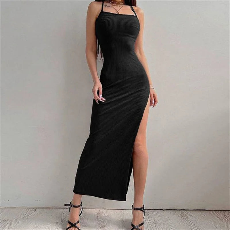 Sexy Black Long Bodycon Dress Women Summer Sleeveless Blackless Halter Neck Spaghetti Strap Dresses High Split Vestidos - Smarsty