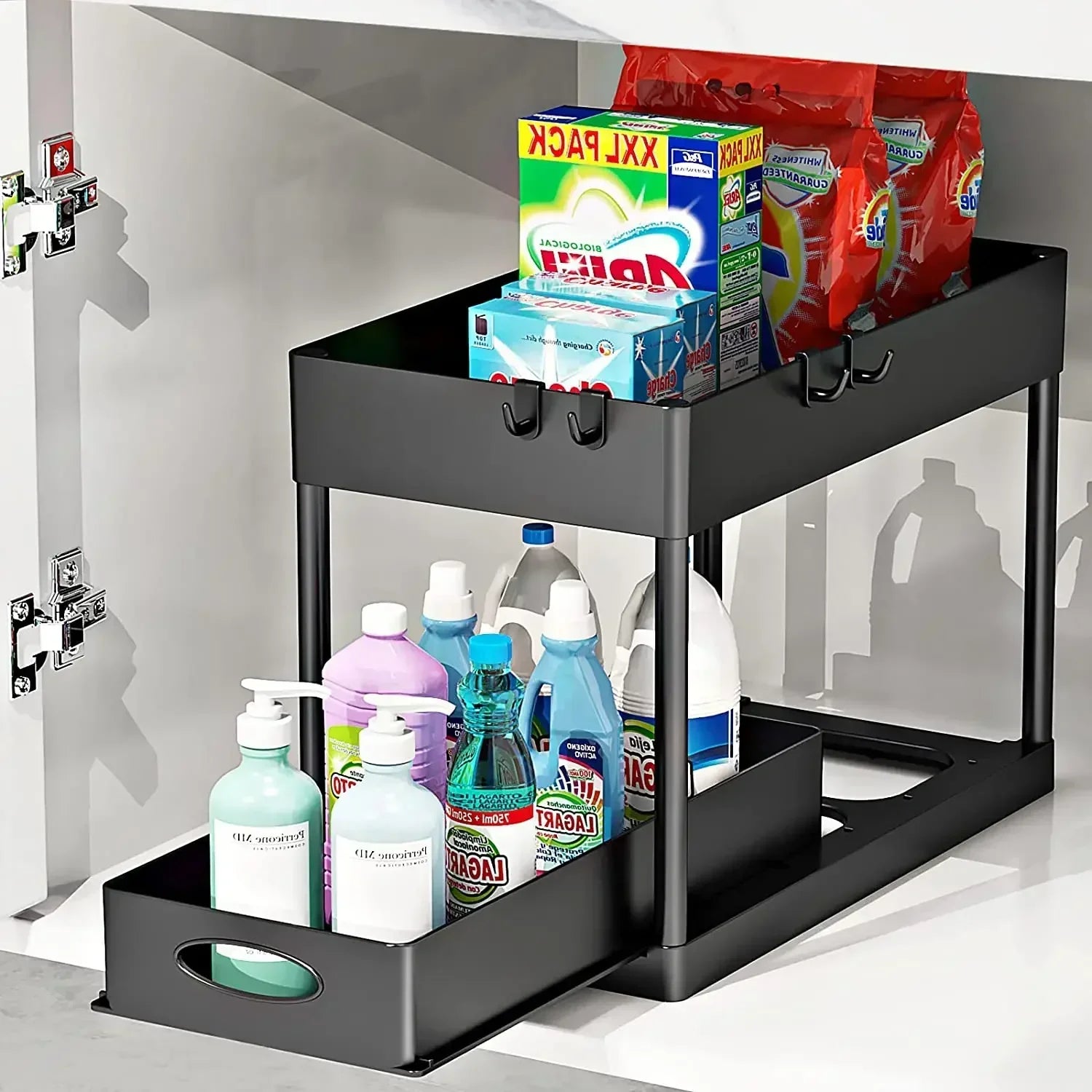 2 Tier Under Sink Organizer Sliding Cabinet Basket Organizer Storage Rack with Hooks Hanging Cup Bathroom Kitchen Organizer by Smarsty