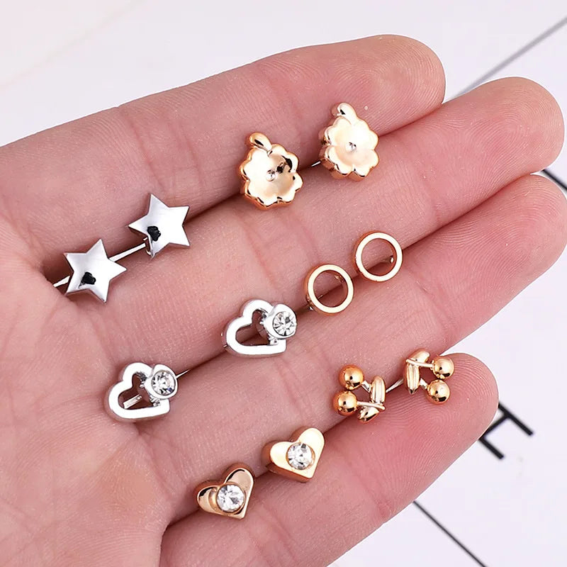 Gold and Silver Enamel Flower Heart Stud Earrings Set - Smarsty