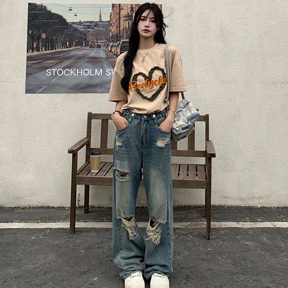 American Retro Hole-punched Jeans Women High Waist Straight-crotch Loose Slim Design High-street Vibe Wide-legged Dragging Pants - Smarsty