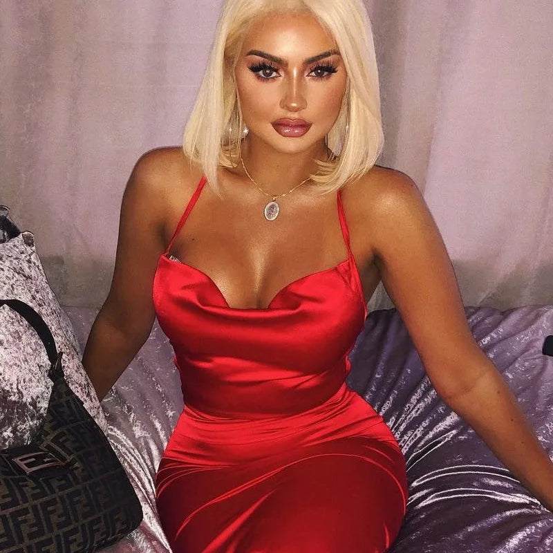 Neon Satin Lace Up Women's Long Midi Dress Light Pink Bodycon Backless Elegant Party Sexy Club Clothes 2022 Summer Dinner Outfit - Smarsty