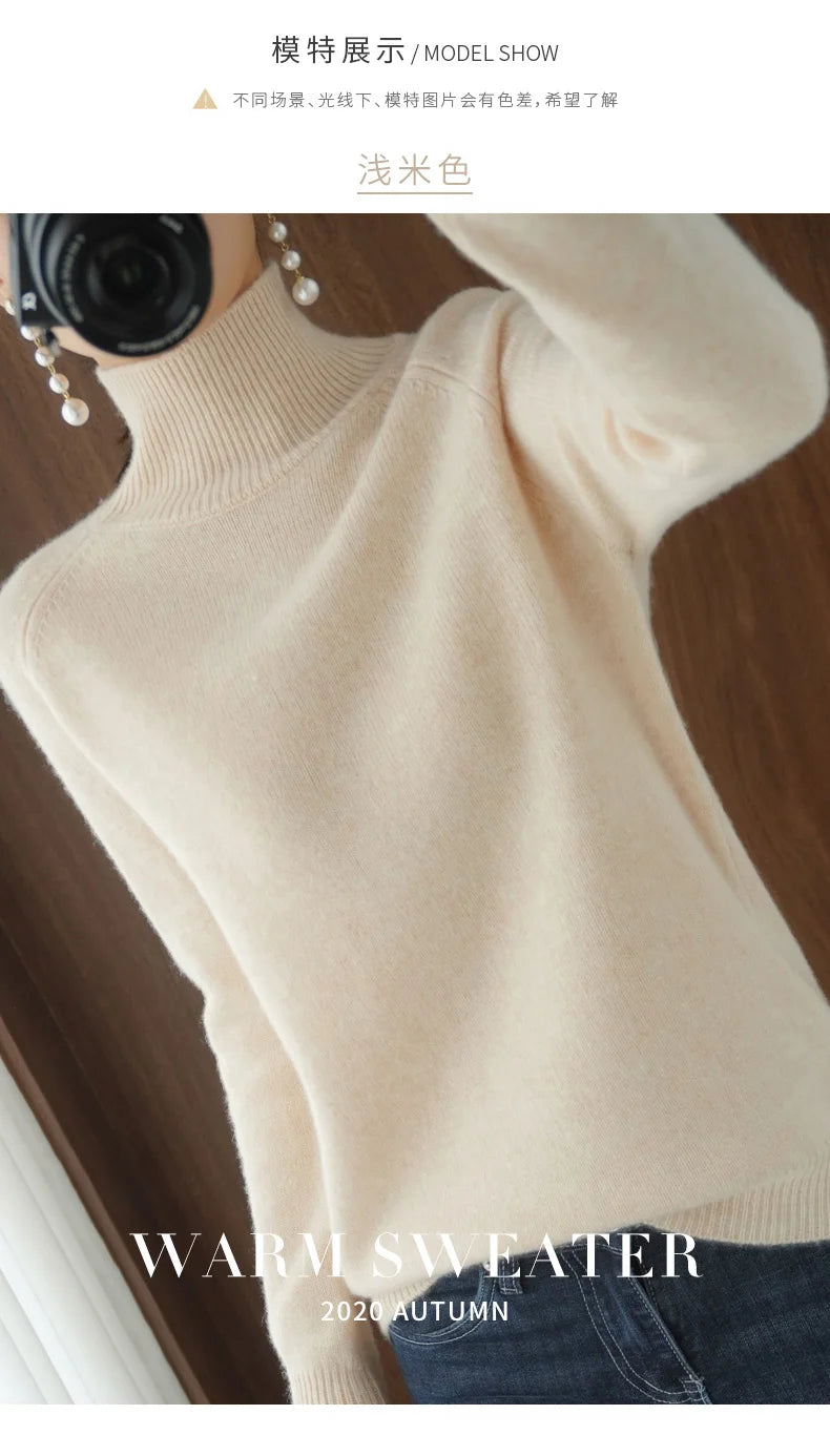 Fashion Basic Autumn Winter Merino Wool Sweater Mock Neck Cashmere Pullover Solid Color Soft Long Sleeve Clothing Tops - Smarsty