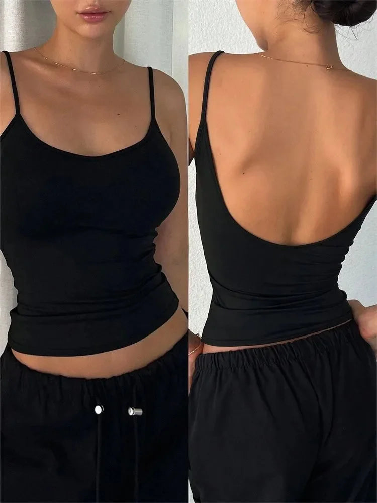 Women Backless Cami Crop Top Summer Solid Color Casual Sleeveless Top Streetwear Y2K Clothes - Smarsty