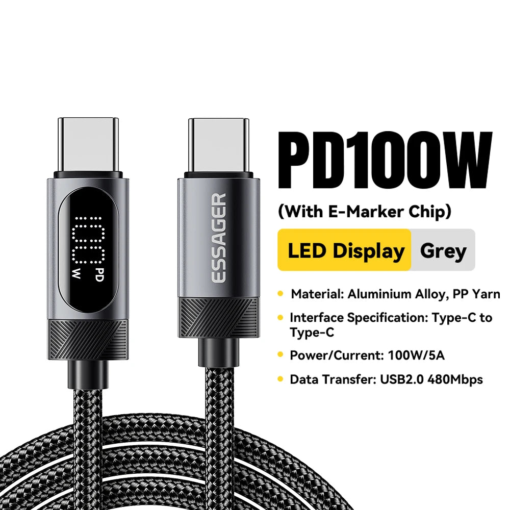 Essager Digital Dispaly USB C Cable For iPhone 17 16 15 Xiaomi Huawei 100W PD Fast Charging For Macbook iPad Type C to C Cable - Smarsty