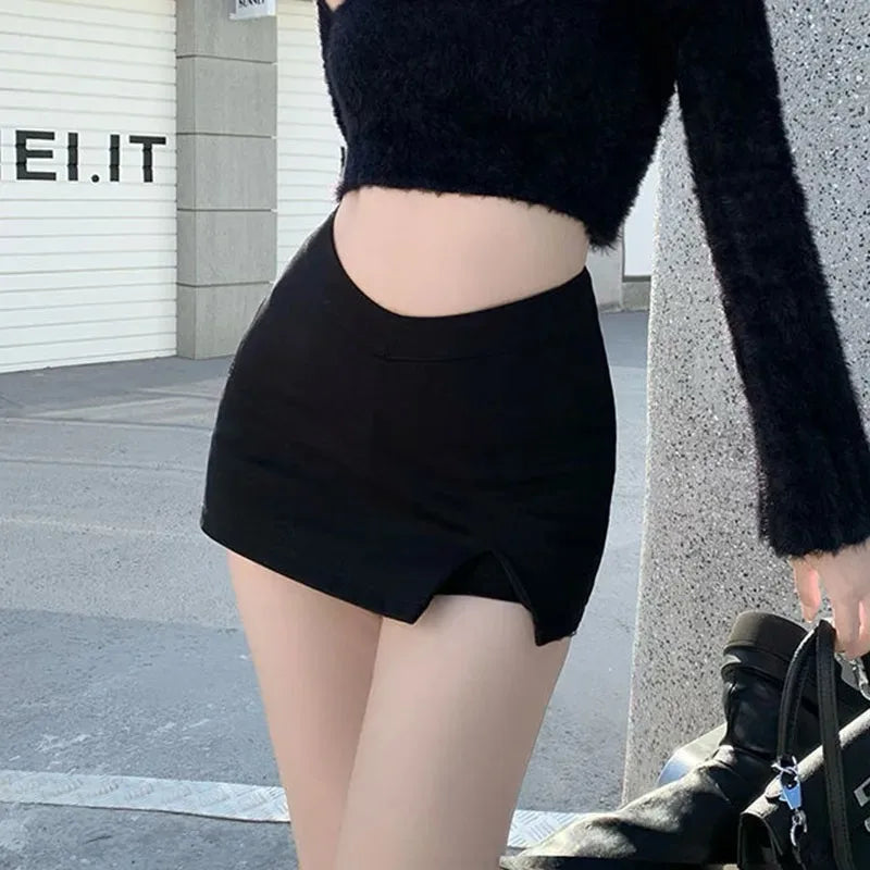 Black Split Mini Skirts Women Summer Sexy Club High Waist Slit Skirt Streetwear Korean Party Fashion Irregular Slim A Line Skirt - Smarsty