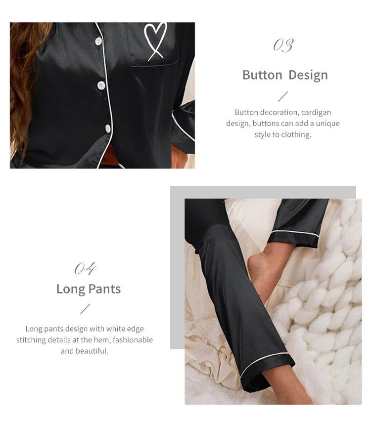 Autumn Satin Pajama for Women Heart-shaped Embroidery Sleepwear & Loungewear Long Sleeve Top & Pants Home Clothes Pyjama 2 Piece - Smarsty